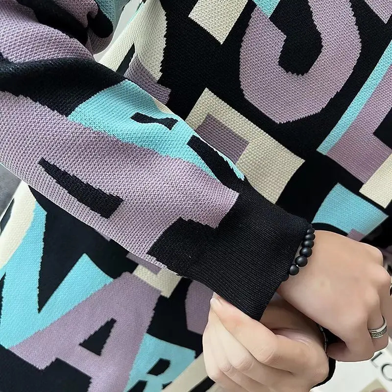 Mens round neck floral lantern long sleeved contrasting color letter sweater knitted casual autumn retro top 241007