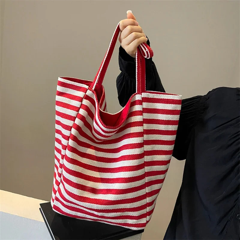 YOUDEYISI red striped canvas shoulder bag Korean style travel beach bag double-sided shopping handbag 241008