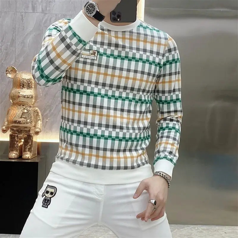 Men Clothing Trendy Plaid Print Business Casual Slim Sweatshirts Male Korean Round Neck Long Sleeve Pullover Tops Sudadera 241011
