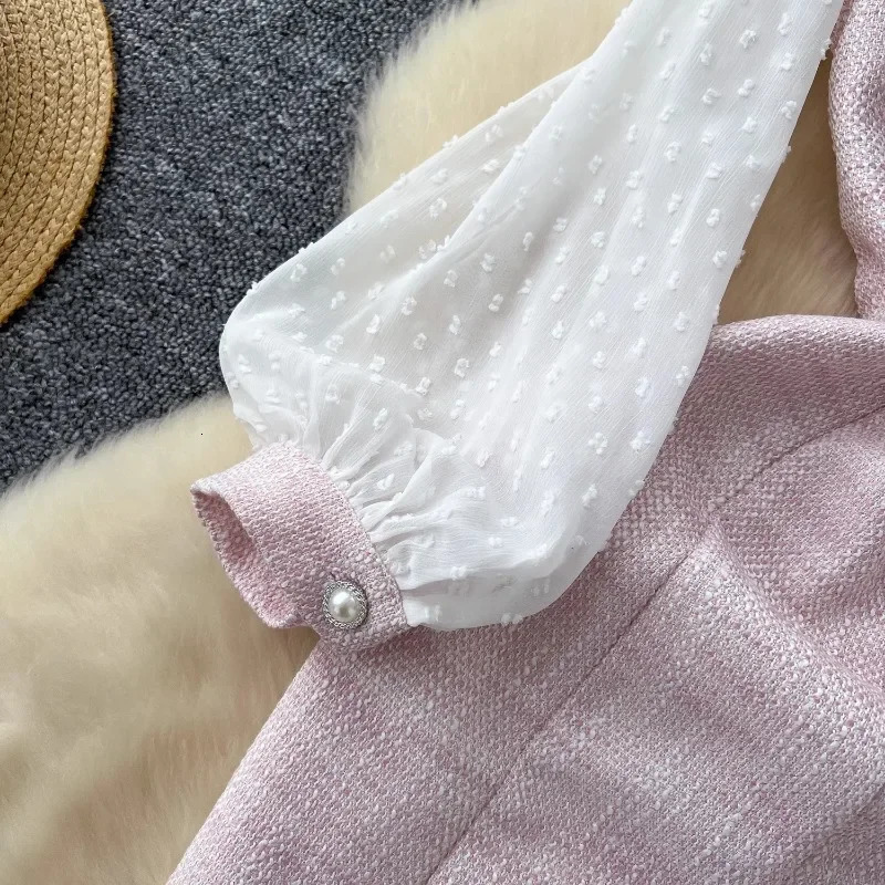 Fashionable sweet pink long sleeved dress for women coarse tweed mesh long sleeved dress autumn polka dot pearl office dress 241011