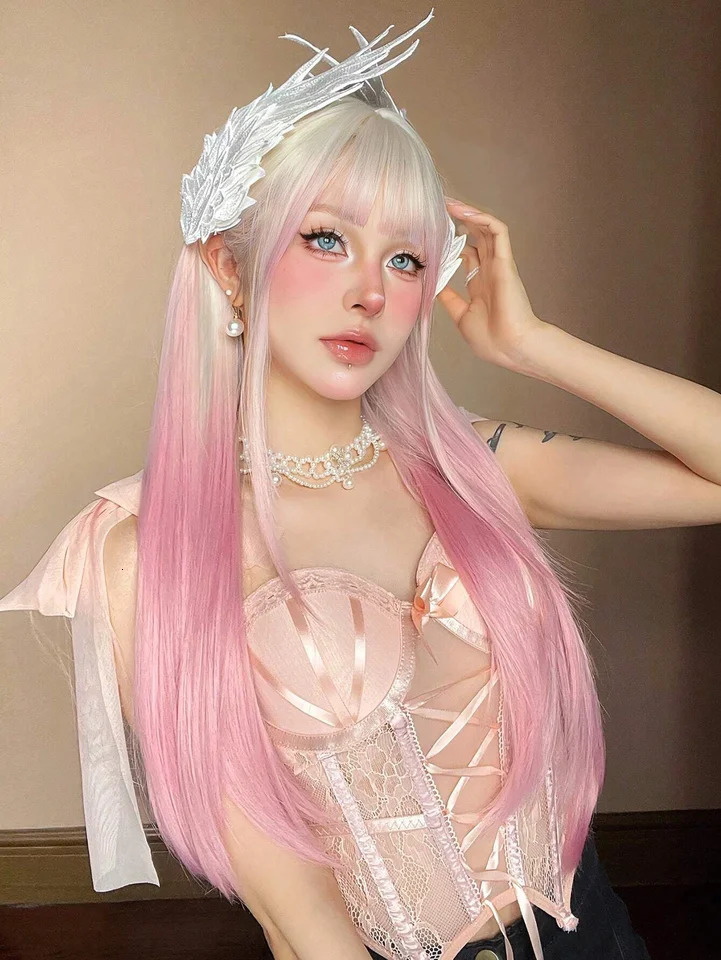 GEMMA Ombre Light Pink blonde long straight wig synthetic colored Lolita cosplay hair wig with bangs suitable for womens heat-resistant 241011