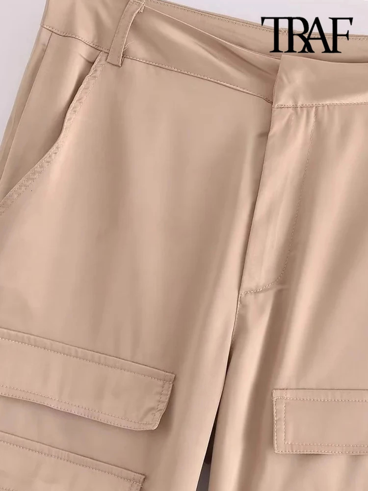 TRAF Women Fashion With Pockets Satin Cargo Pants Vintage High Waist Zipper Fly Female Trousers Mujer 241007