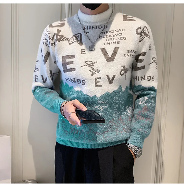 Half high neck ultra-thin crystal mink knitted sweater mens fashionable letter printed sweater at the bottom mens pullover sweater 241007