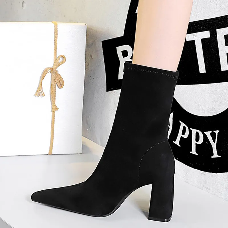 BIGTREE High Suede Ankle Pointed Toe Soc Thick Heel Women Shoes Warm Winter Boots Size 43