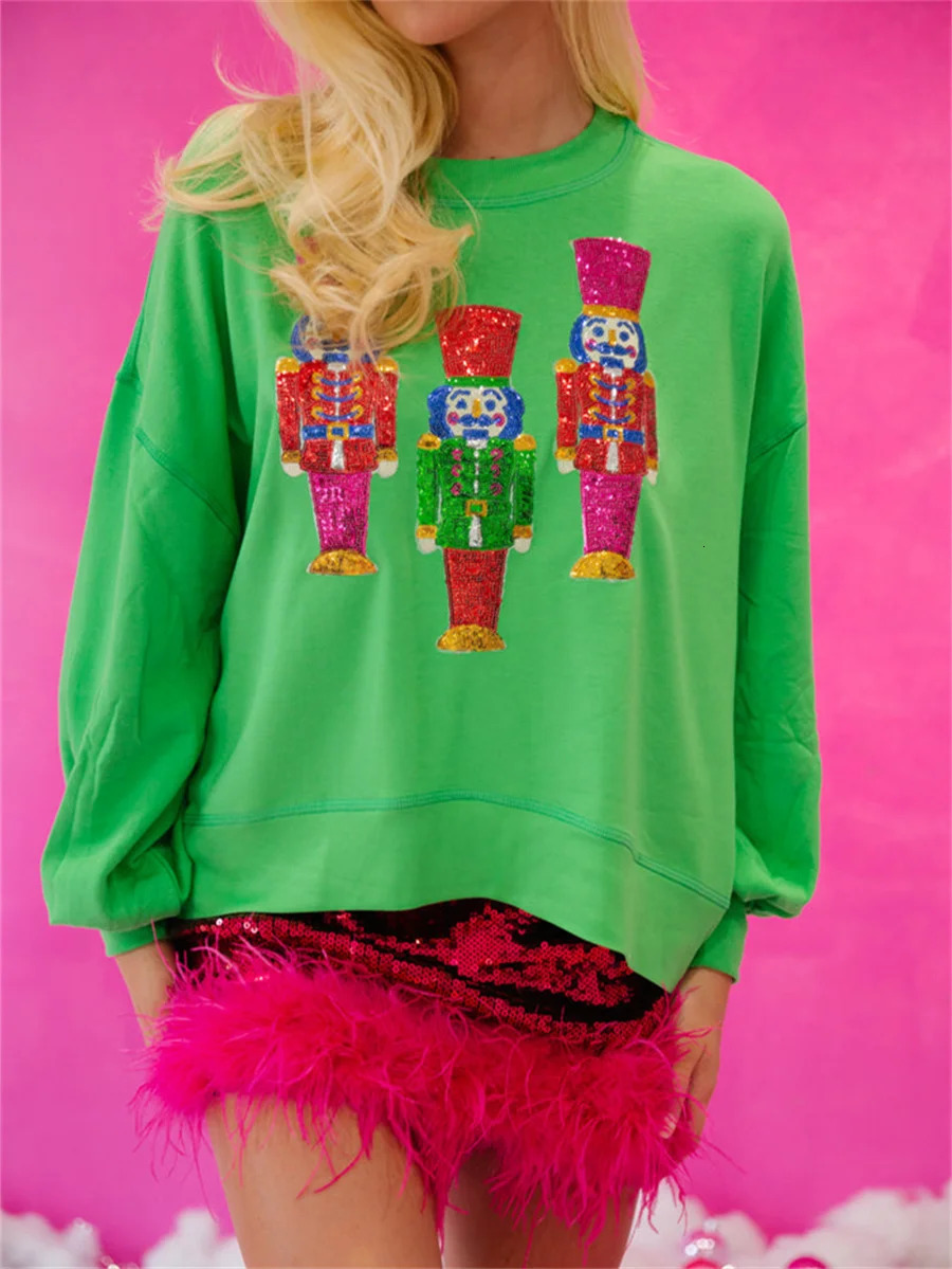 2024 Christmas Nutcracker Sequins Sweatshirt Round Neck Long Sleeve Crop Tops Loose Hoodies Streetwear Year 241011