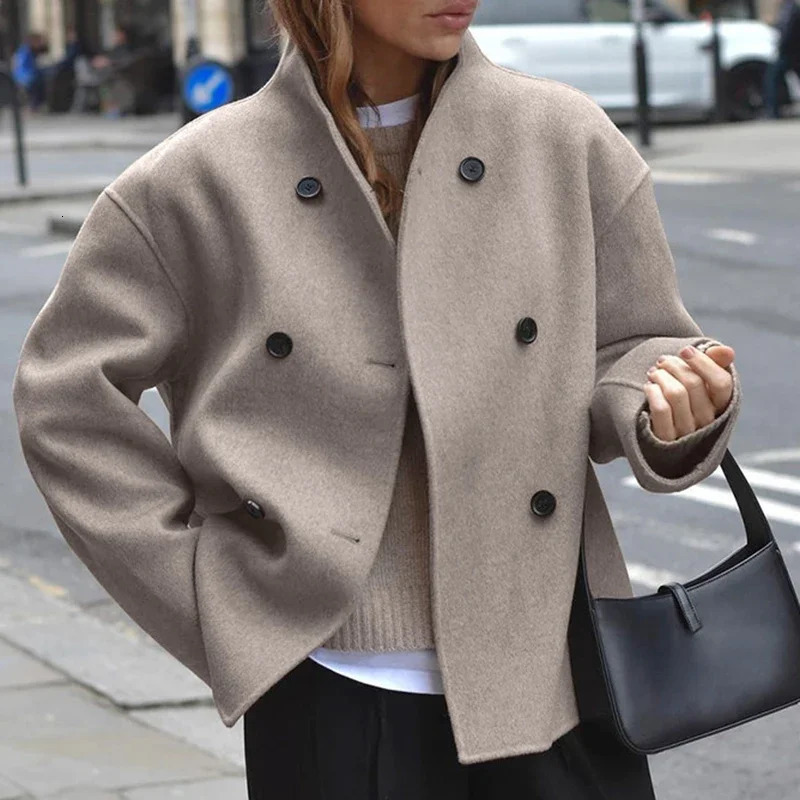 Retro Woolen Coats Double Breasted Stand Collar Short Jacket Office Lady Autumn Winter 2024 Loose Casual Outerwear 240930