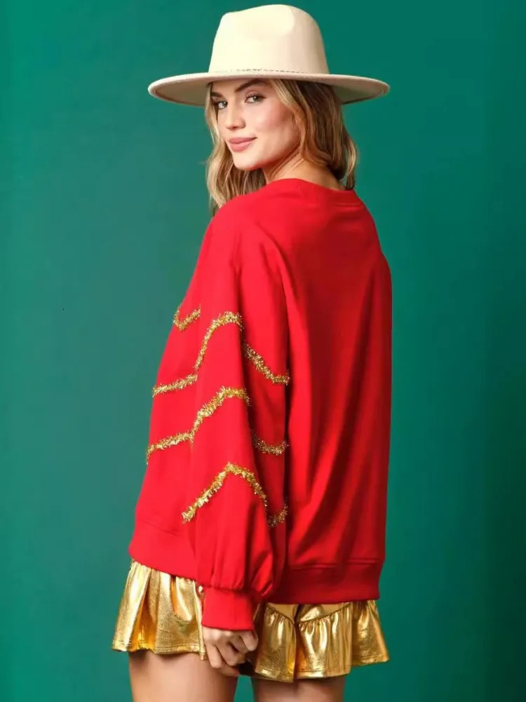 Glitter Patchwork Hoodies Vintage Tshirt Harajuku Slim Long Sleeve Streetwear Women Clothes Christmas Tee Top Autumn Winter 241011