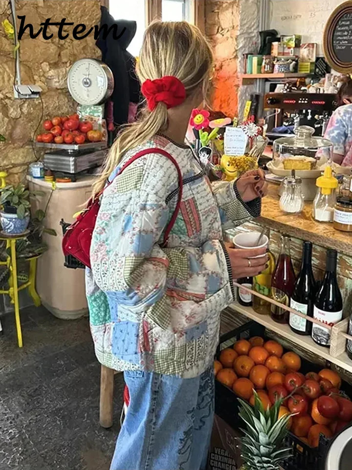 Loose printed patchwork work quilted jacket for women loose O-neck button long sleeved womens cotton coat autumn winter womens coat 241007