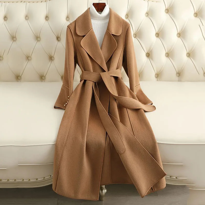 womens double-sided wool jacket spring and autumn long wool coat womens casual trench coat windproof coat camel 4XL 241007