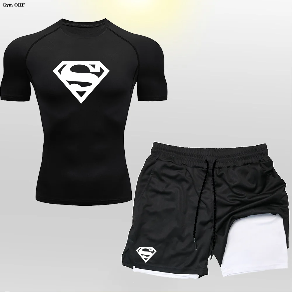 Super/Hero Men's Compression Shirts 2 in 1 Shorts Set Man Sportswear Fitness Gym Workout Rash Guard Kits Quick Dry Shirt