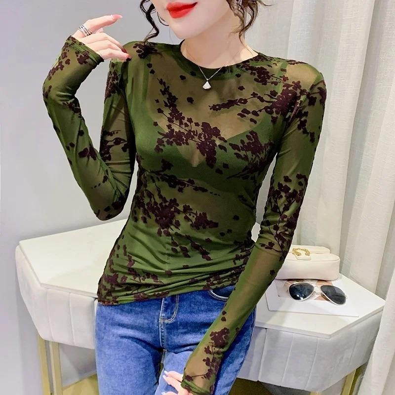 #7943 Khaki Green Skinny Perspective Mesh T Shirt Women Sexy Tshirt Femme Thin Long Sleeve Woman Oneck 241011