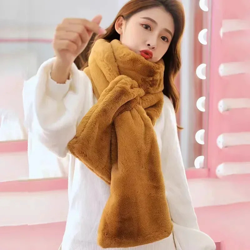 Korean rabbit fur scarf for winter warmth thick double-sided collar elegant womens plush scarf solid color collar protector 241007