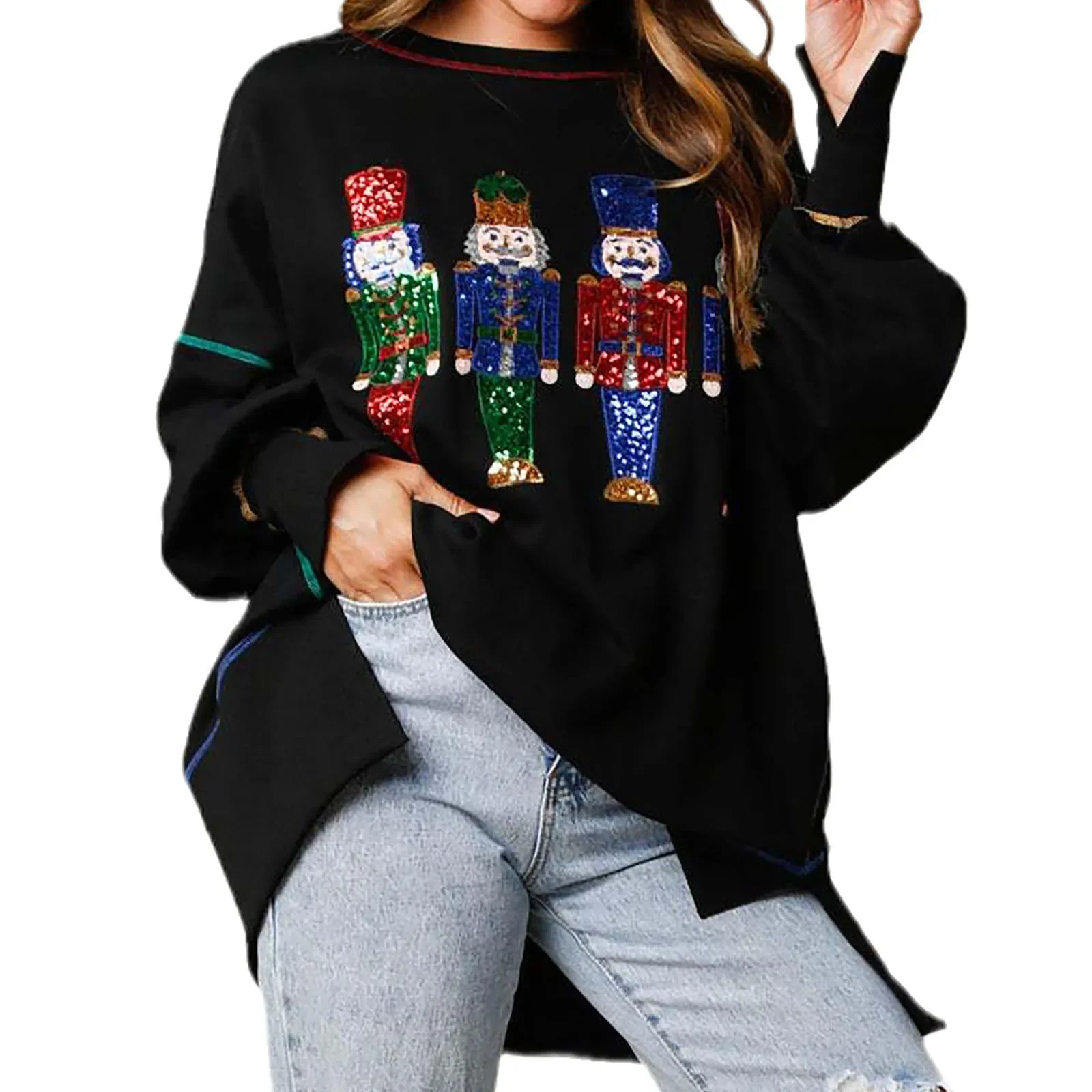 Imcute Women Cute Santa Sweatshirt Christmas Nutcracker Sequin Print Shirts Crewneck Long Sleeve Pullover Sweatshirts Tops 241011