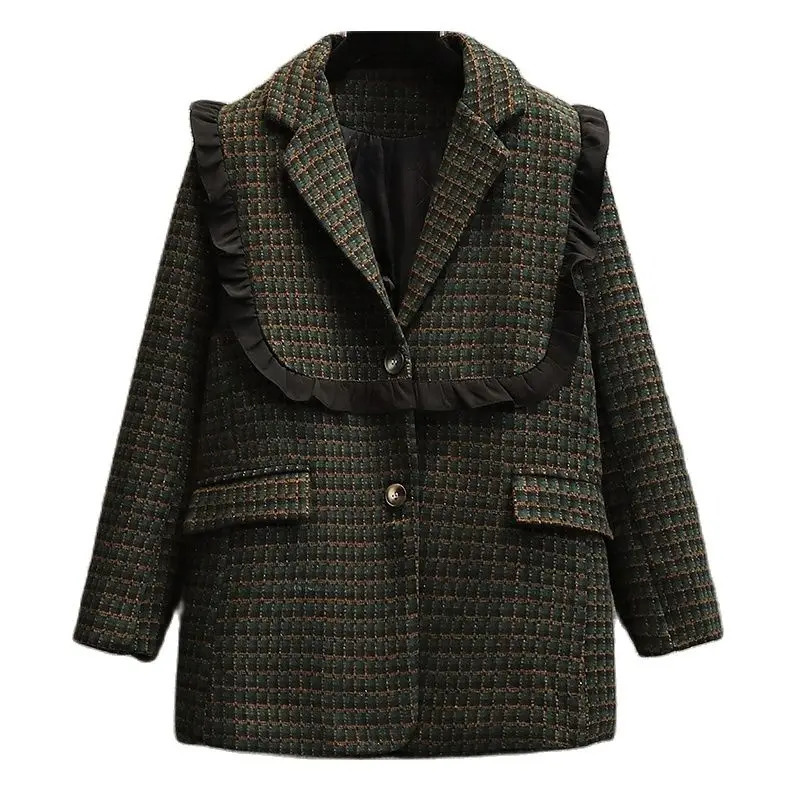 Winter Coat Women Woolen Cloth Plaid Blazer Vintage Oversized Green Checked Thicken Warm Ladies Tweed Jacket Female Wool Coats 241011