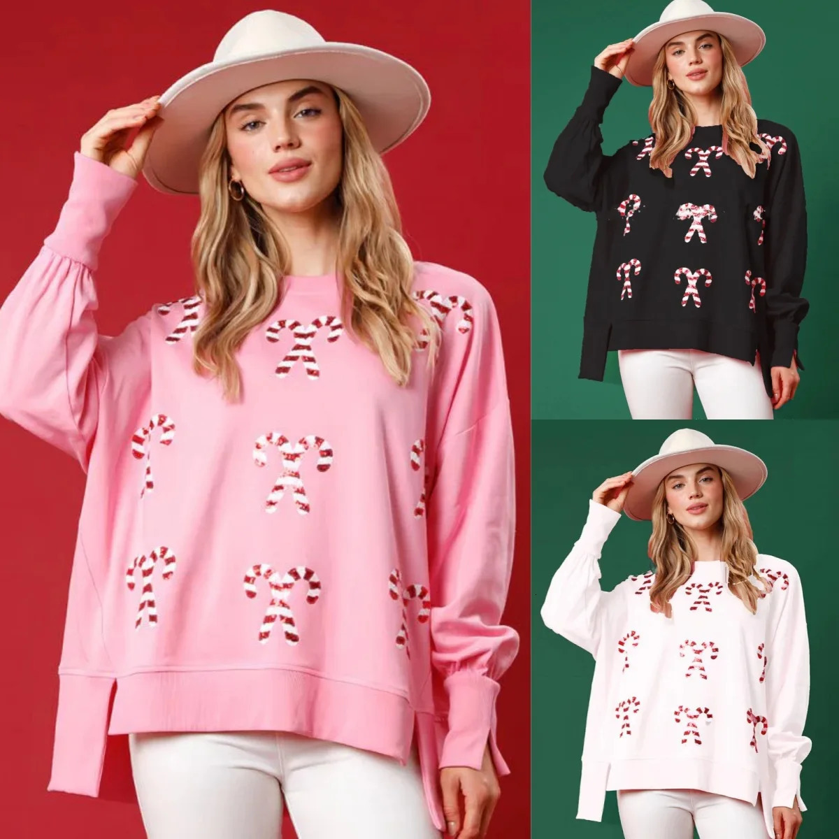 2024 Korean Review Many Clothes Fresh and Sweet Women Commuting Sequins Thickened Versatile Top Long Sleeve Christmas Hoodie 241011