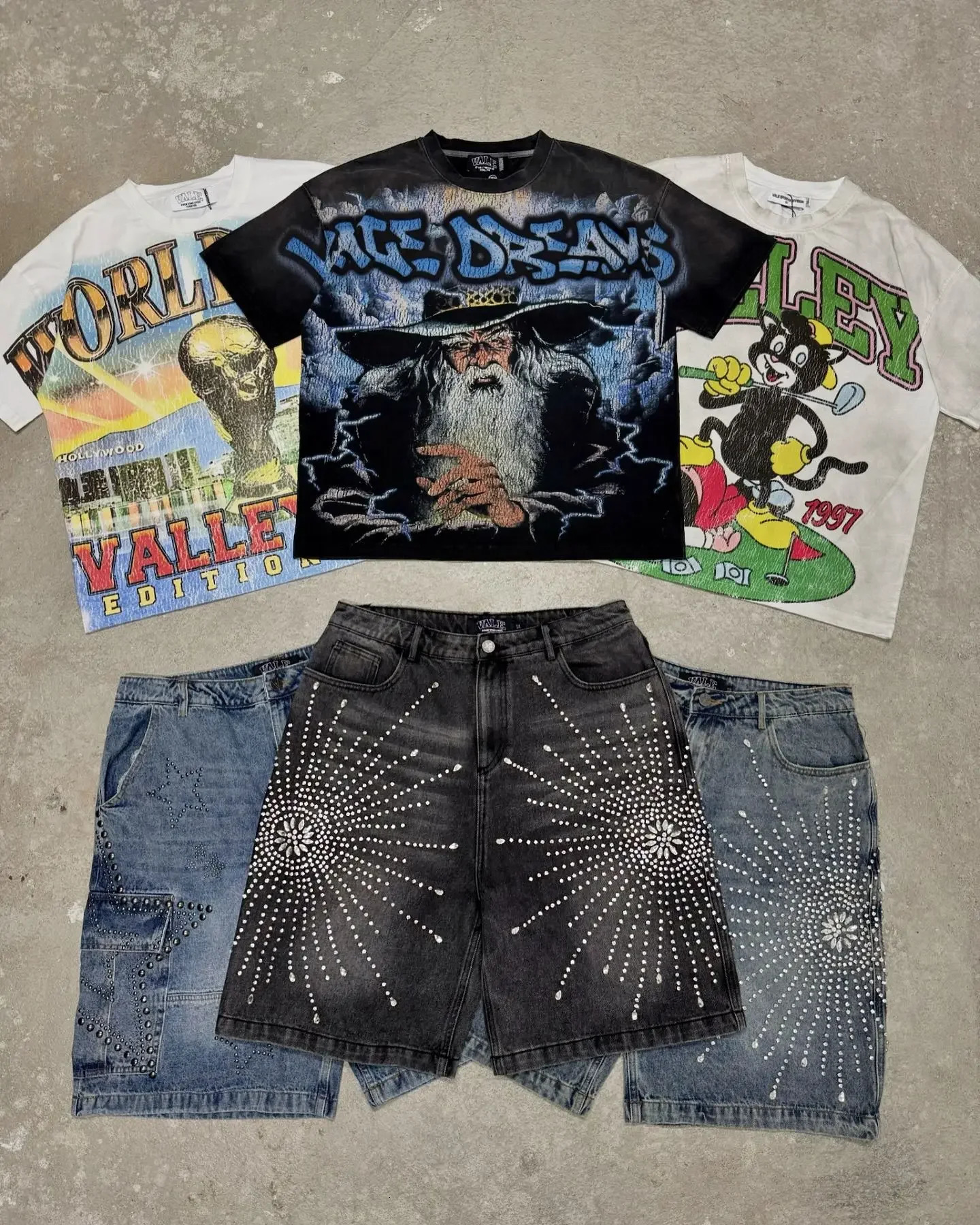 Diamond Shorts and Wizard Mens Large Graphic Set Jeans Y2k Track Street Tshirt Harajuku Skateboarding Pants 241011