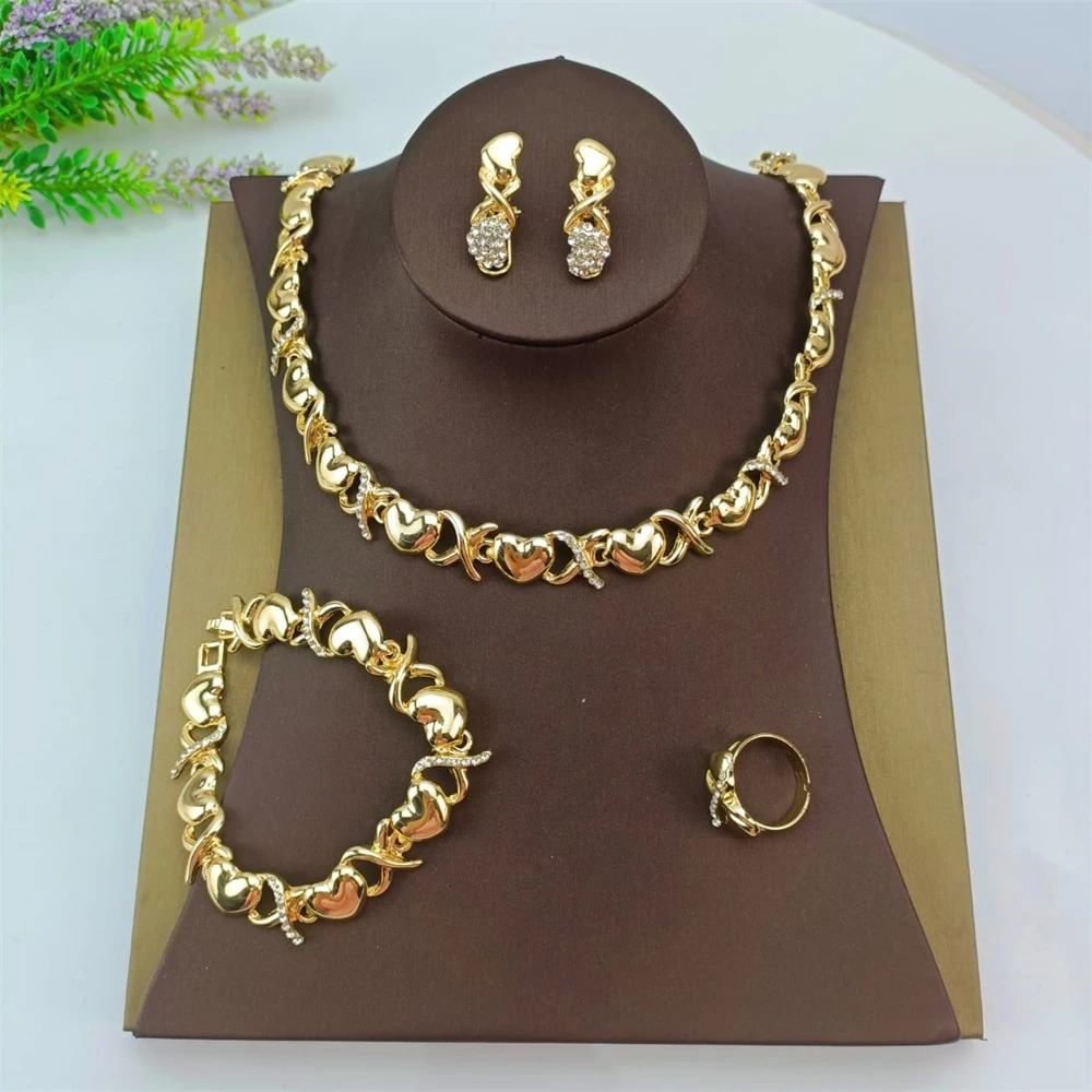 EMMA Women XOXO Jewelry Set Gold Plated Heart Necklace Bride Rhinestone Wedding Necklace Earrings Bracelet Ring Set Gift 241007