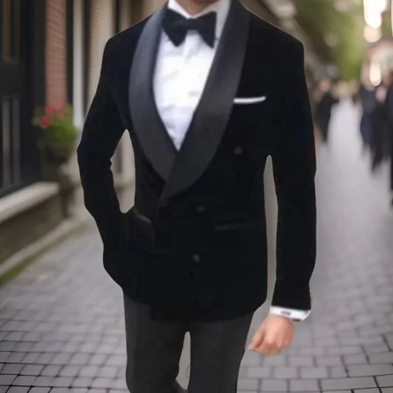Double Breasted Prom Suits For Men Slim Fit Wedding Groom Tuxedo 2 Pcs Fashion Shawl Lapel Velvet Smoking Blazer With Pants 2024