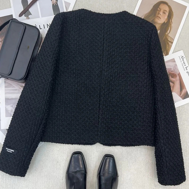Black Down Cotton Jacket Womens Autumn Winter Doublebreasted Elegant Casual Short Chic Top Coat ONeck Tweed Warm Outwear Lady 240930