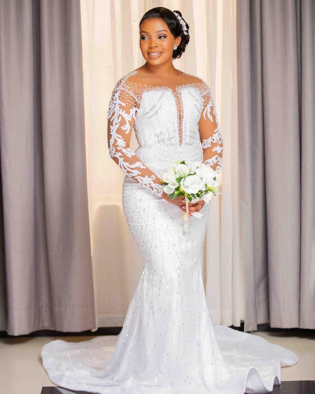 2024 Arabic Aso Ebi Plus Size Off White Mermaid Wedding Dresses Lace Beaded Full Sleeves Vintage Luxurious Bridal Gowns Dress Wd05