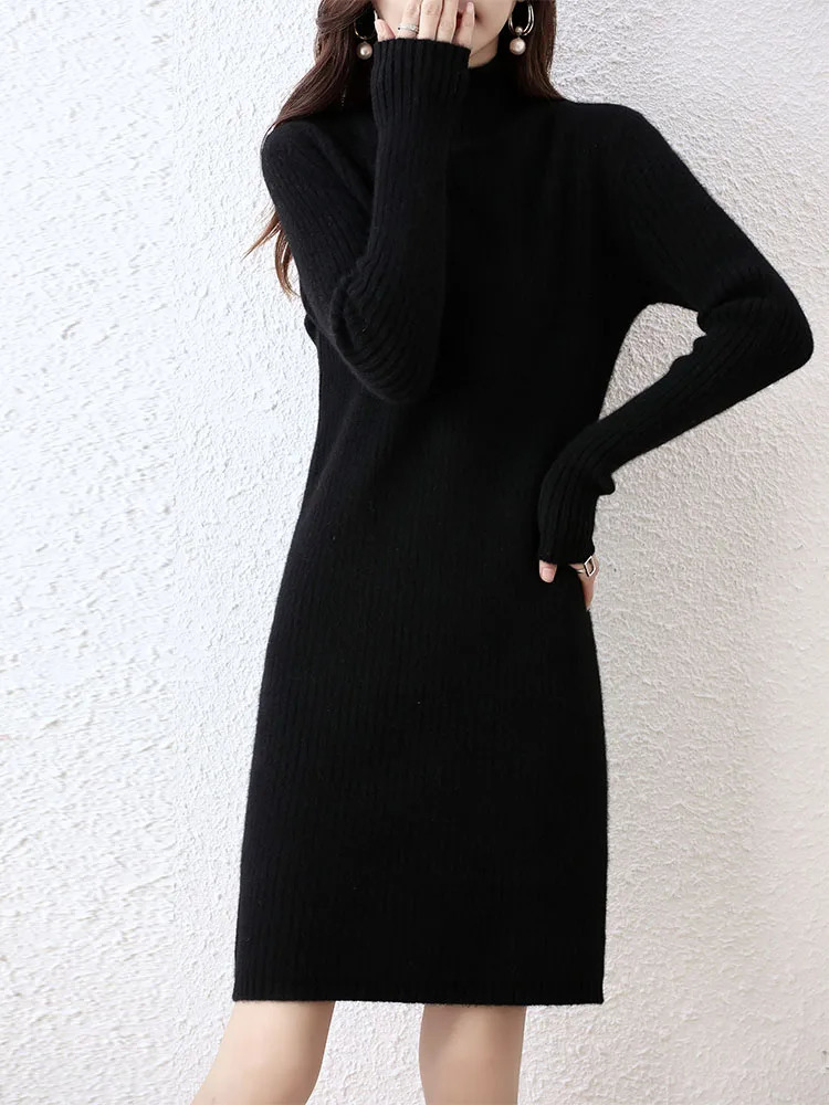 Fashion cashmere sweater womens knitted dress 100% Merino wool turtle neck elegant dress autumn and winter long sleeved short sleeved 241011