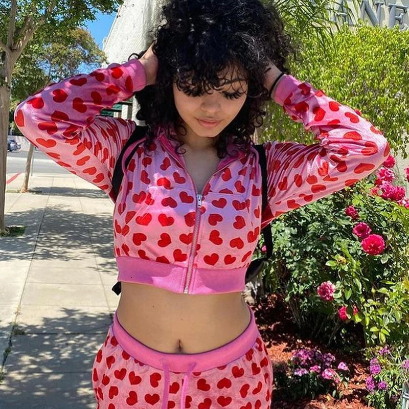 Y2K E- Velvet Sweatshirts Hoodies Top Cute Heart Print Zip Up Long Sleeve Cropped Navel Coat Pants Outfits Matching Set 241010