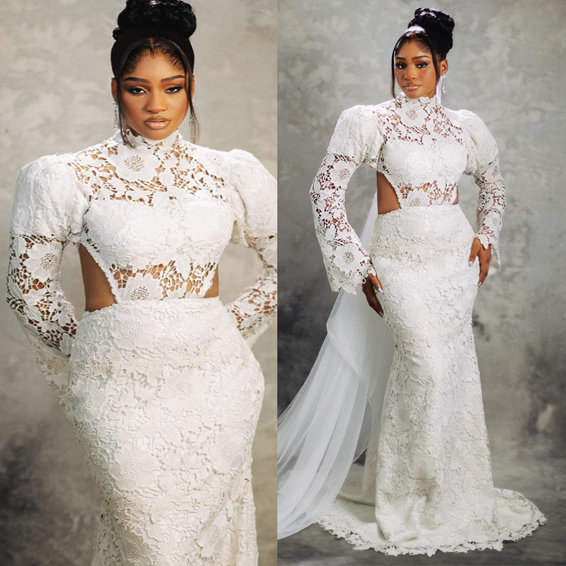2024 Plus Size Aso Ebi Wedding Dress Bridal Gowns For Bride High Neck Long Sleeves Flora Beaded Lace Gorgeous Wedding Gowns for African Black Women D3