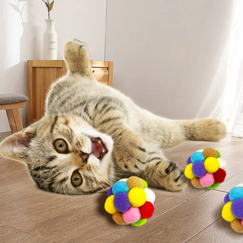Cat Toy Colourful Plush Ball Interactive Pet Elastic Bell Self Hi Ball Playing Kitten Seven Colors Woolen Ball Cat Accessories