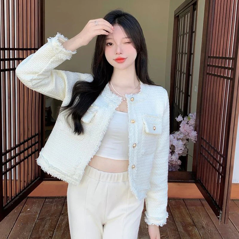 Rimboy fashionable and elegant white tweed jacket for women aesthetic long sleeved jacket for women round neck cut jacket for women 240930