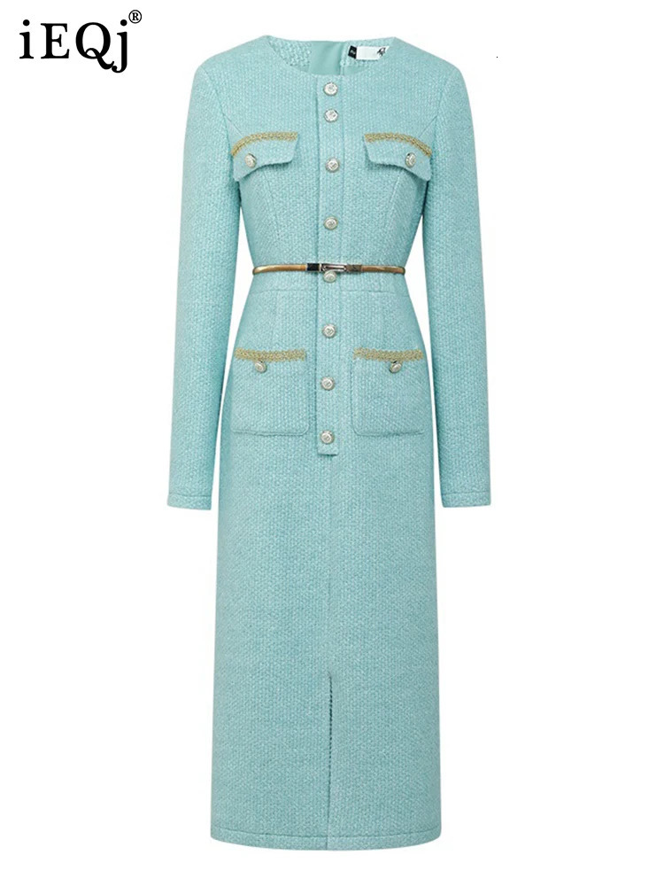 IEQJ temperature ultra-thin waist thick tweed womens full sleeved office womens long party dress spring fashion 3WQ1401 241011