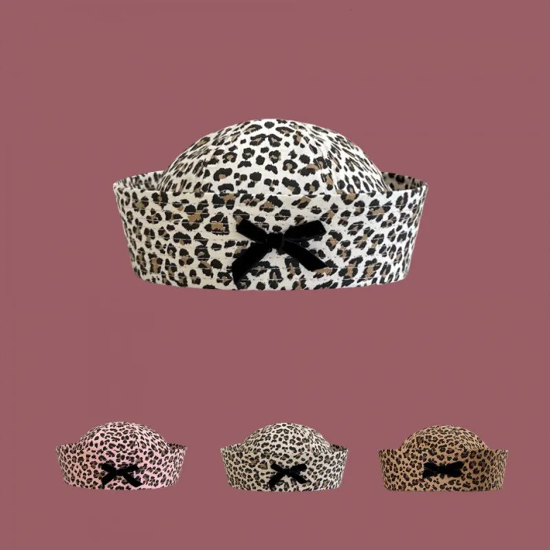 2024 Bow Leopard Print Sailor Hat Women Retro Spicy Girl Flip Brim Beret Sweet And Cute face Revealing Small Hat 241009