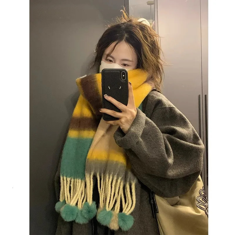 Winter Soft Warm Scarf Women Fashionable Plush Colorful Striped Scarf Versatile Mohair Couple Shawl Long Vintage Scarf Shawl 241009