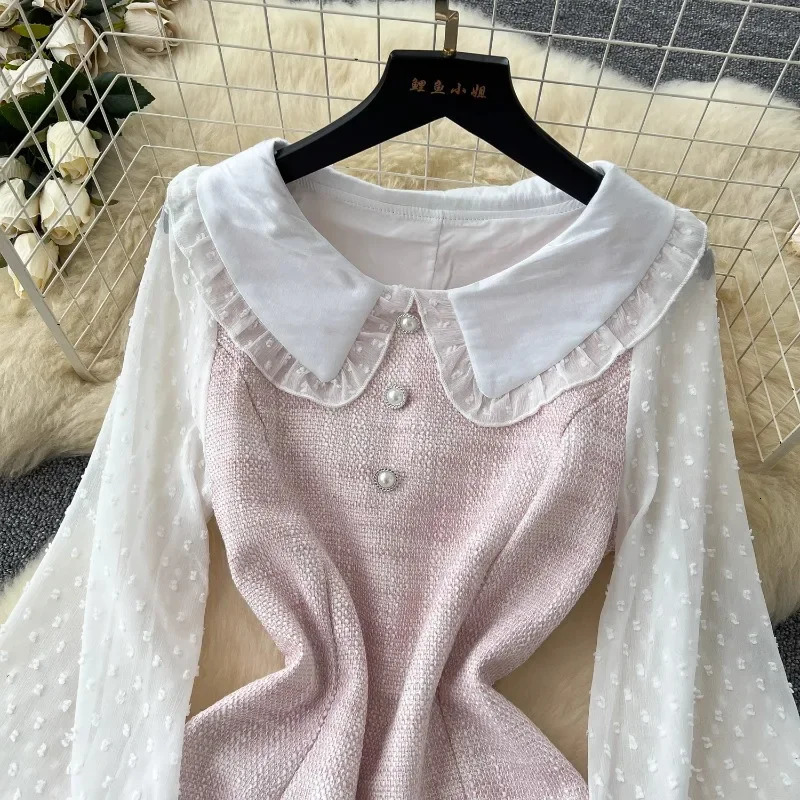 Fashionable sweet pink long sleeved dress for women coarse tweed mesh long sleeved dress autumn polka dot pearl office dress 241011