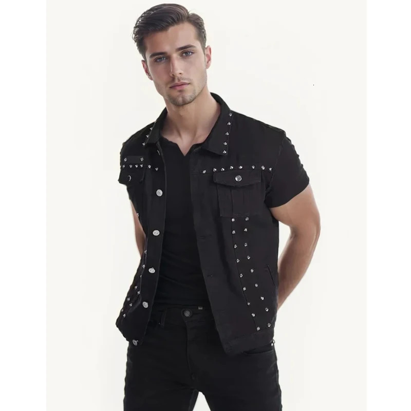 DIMUSI Spring Autumn Mens Vest Vintage Denim Jeans Vest Male Black Sleeveless Jackets Men Rivet Hole Jeans Waistcoats 5XLTA338 241011