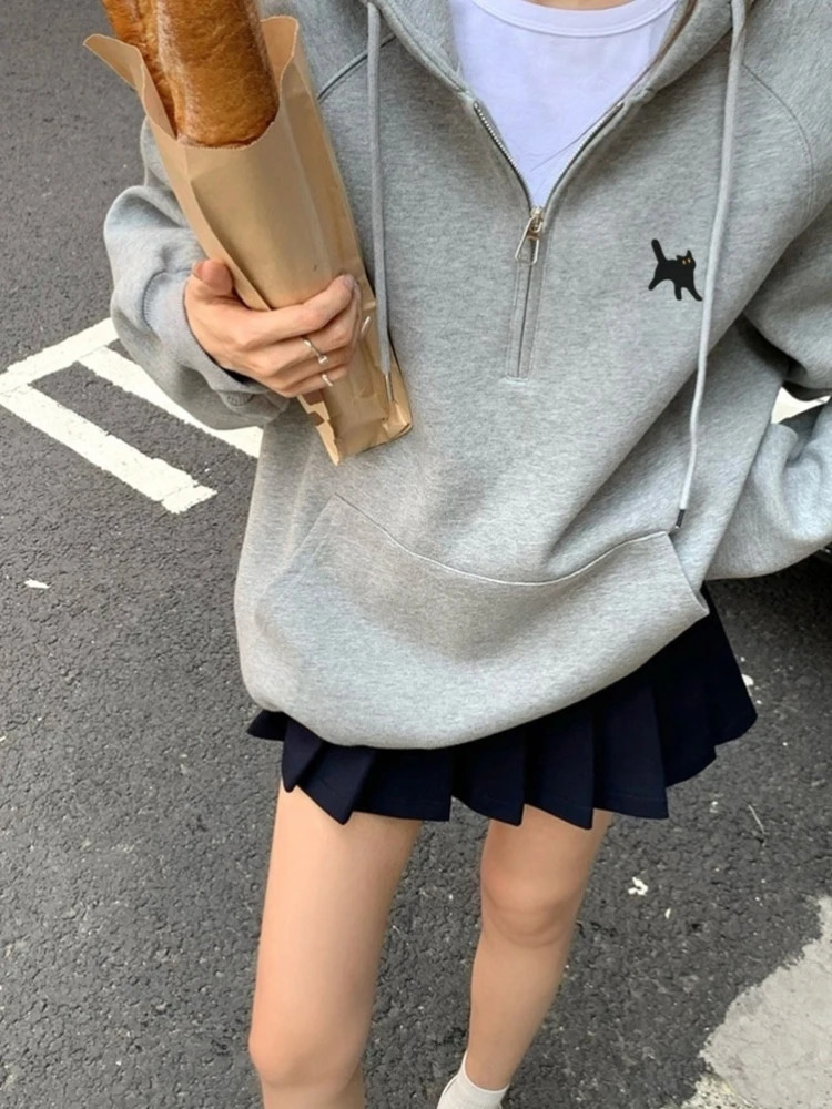 Korobov Grey Half Zipper Embroidered Hoodie Oversized Sports Casual Loose Wool Sweater Korean Fashion Ropa De Mujer 241007