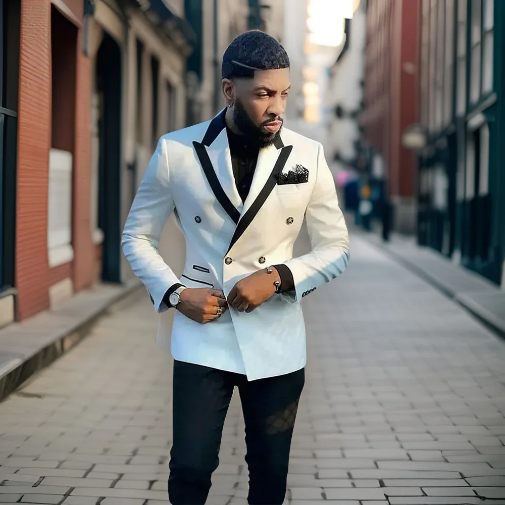 White Double Breasted Men Suits Top Lapel Tuxedo Slim Fit Male Costume Groom 2 Pcs Cutom Made Prom Sets (Jacket + Pants) 2024