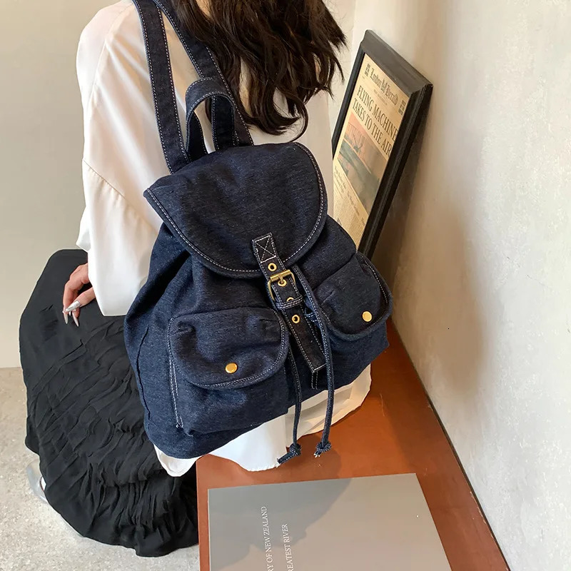 Casual denim drawstring backpack Korean mini Japanese bag canvas fashionable womens handbag travel bag Rucksack school bag 241008
