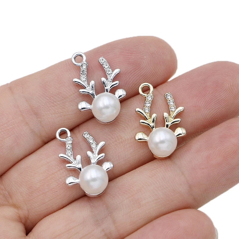 5Pcs Silver Plated Crystal Pearl Christmas Deer Charm Pendant for Jewelry Making Earrings Necklace DIY Accessories Craft 22x14mm 241010