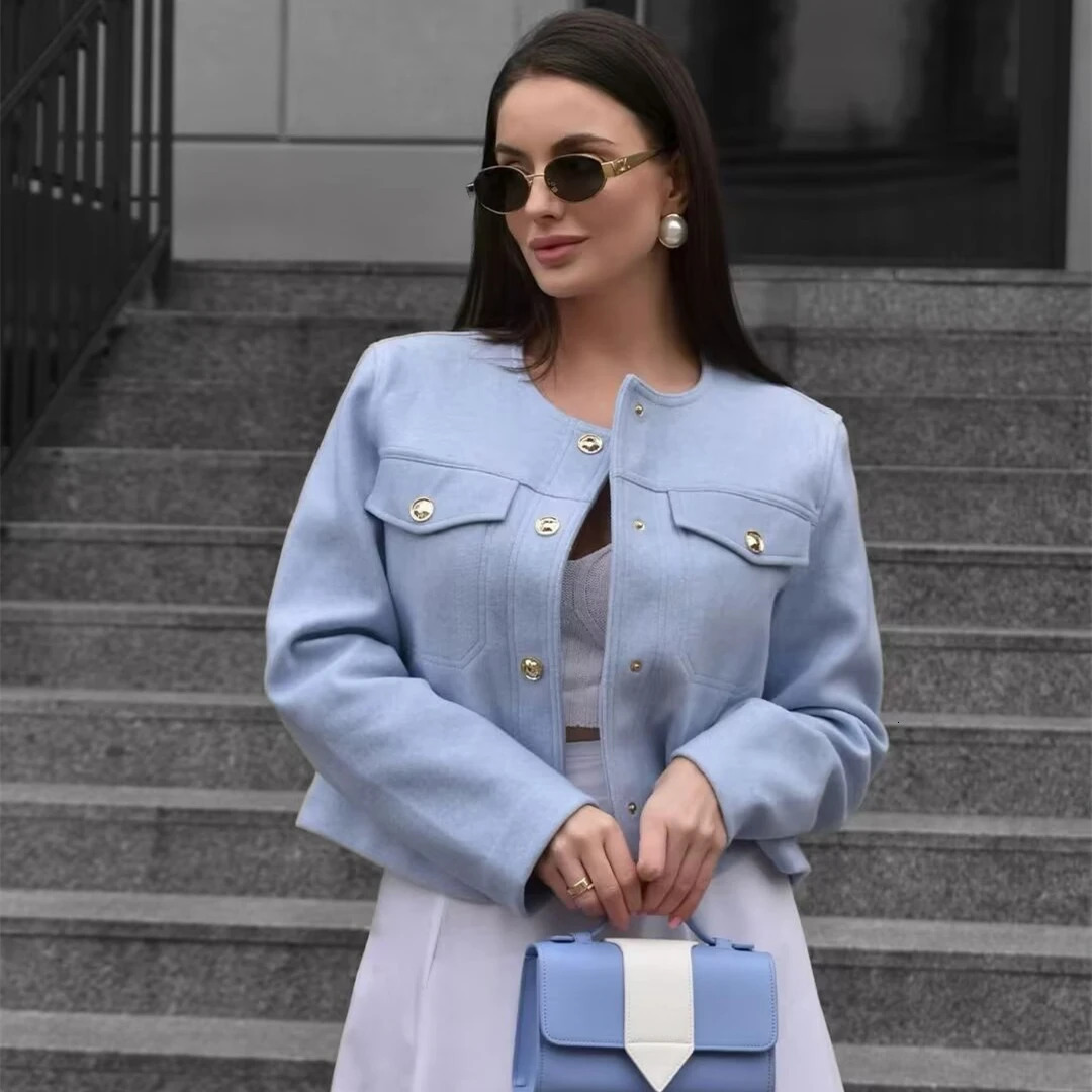 Taop Za womens clothing autumn and winter round neck long sleeved coarse woolen jacket smooth and versatile 240930