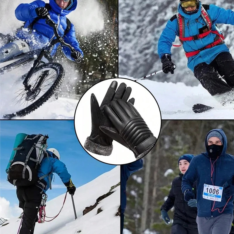 Mens comfortable wool lined PU leather gloves with waterproof touch screen compatible winter cycling and motorcycle riding holiday gifts 241009