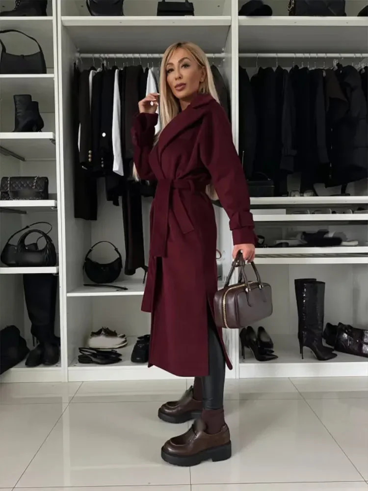 Elegant Burgundy Flip Tie Long Coat Womens Fashion Full Sleeve Side Split Solid Coat Autumn/Winter Womens Business Coat 241011