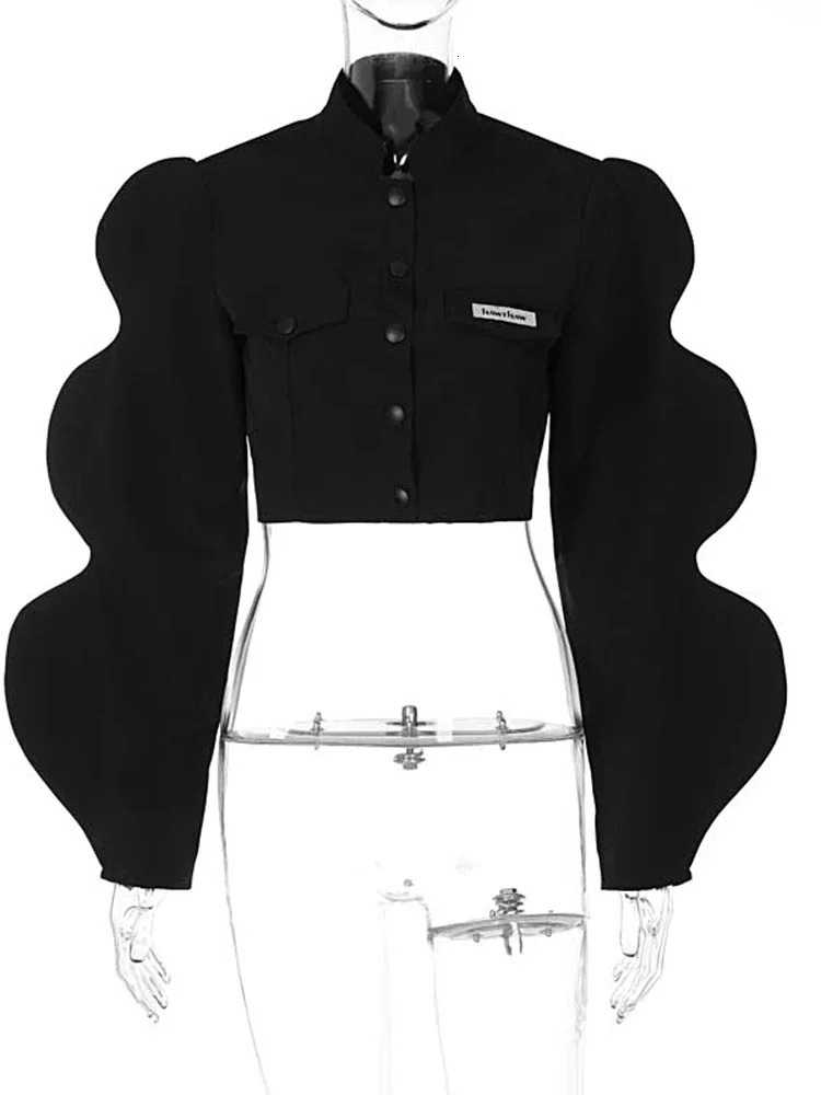 Y2k Top Womens Jacket Fashion Black Top Long Puff Sleeve Sweater Spring and Autumn Womens Party Club Coat 241011
