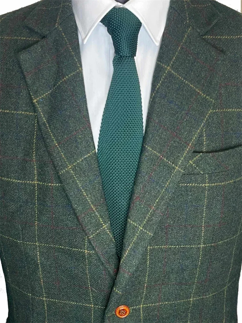 Wool Tweed Men Suits For Wedding Green Slim Fit Groom Tuxedo Male Fashion Costume 3 Pcs Jacket Pants Vest 2024