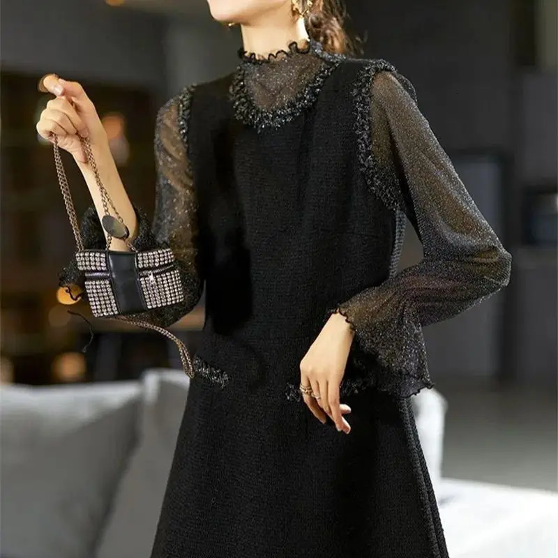 Autumn bright silk decal womens coarse tweed dress with pleated long sleeves elegant office ladies A-Line party Vestido 304P 241011