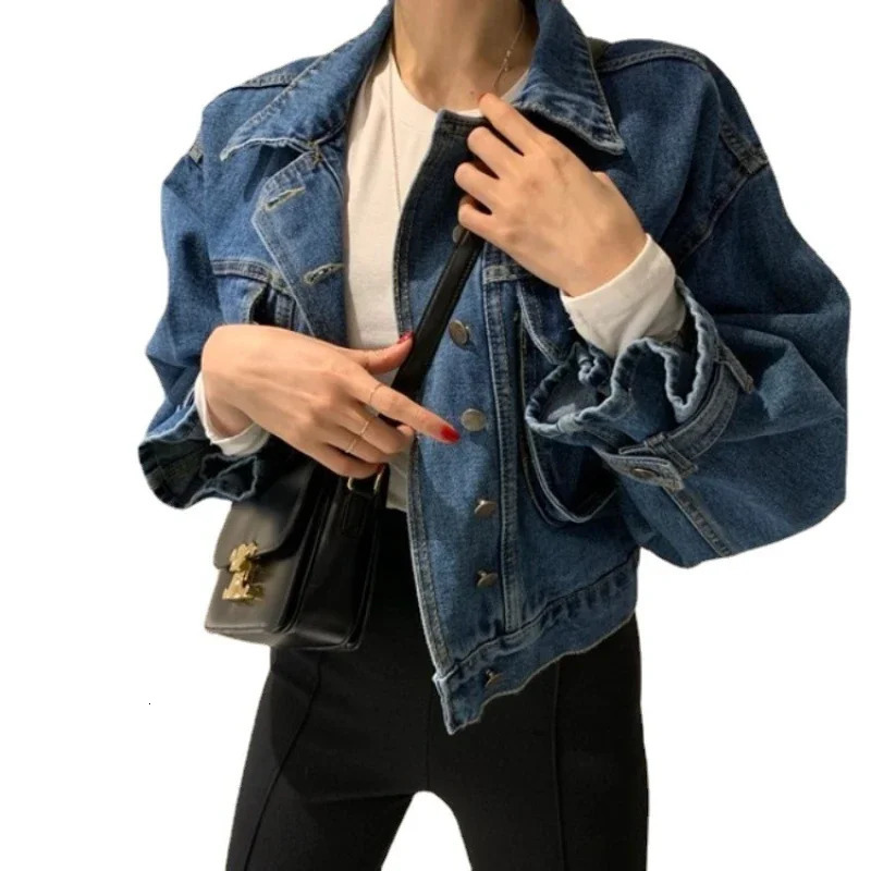 Korean Fashion Womens Flip Collar Demin Jacket Casual Loose Fluffy Sleeves Crop Coat Womens Fashion Retro Jeans Top 241010