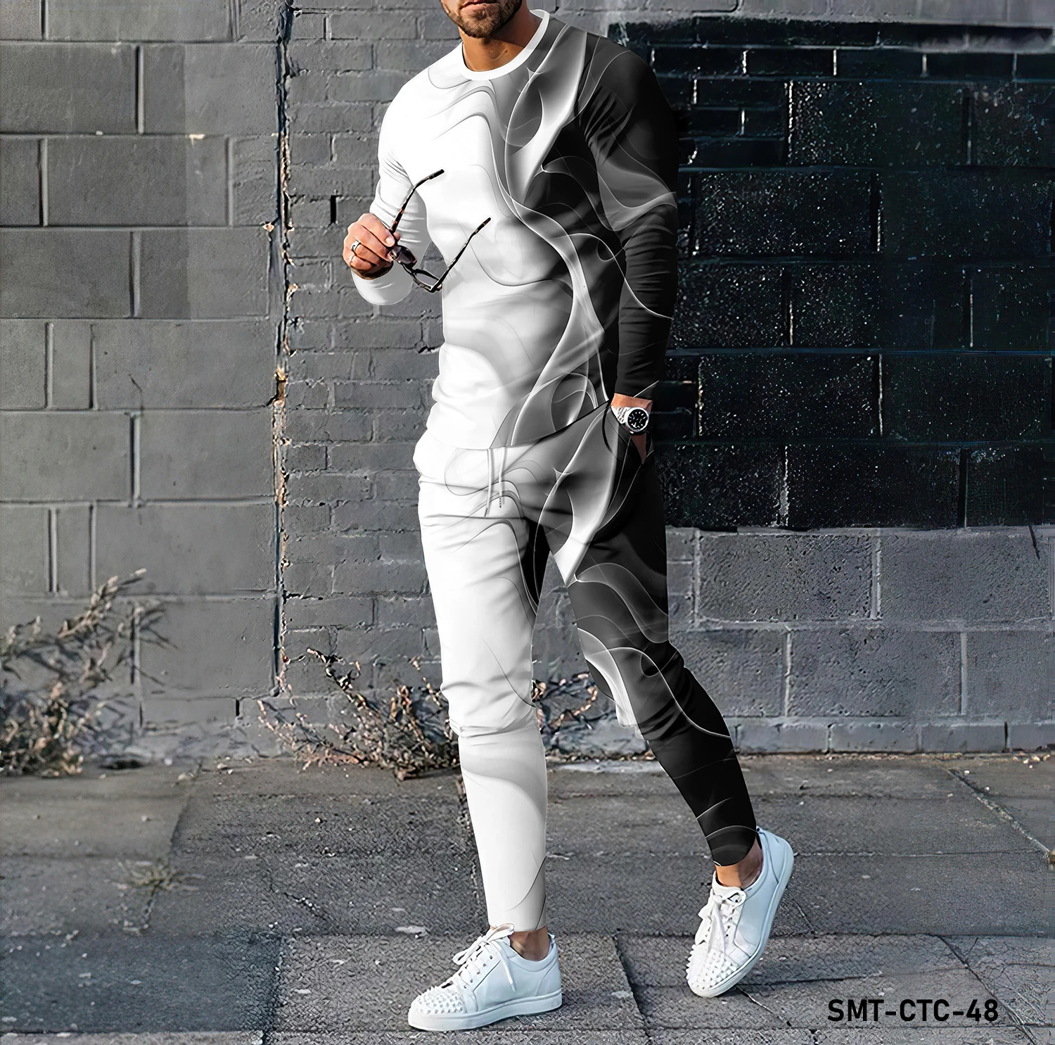 Color line pattern 3D printing mens long sleeved T-shirt long pants set fashion clothing sportswear two-piece set 240930