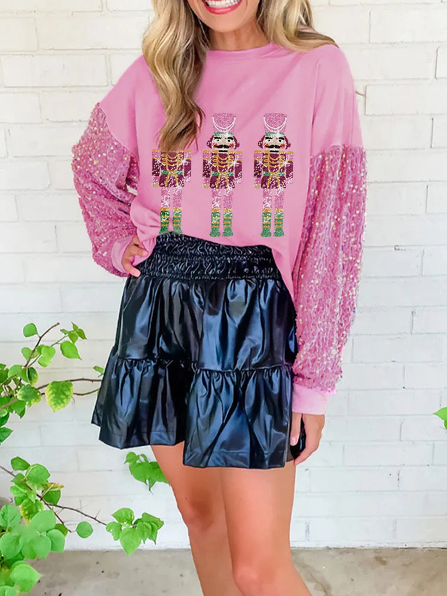 Women Cute Santa Sweatshirt Christmas Nutcracker Sequin Print Shirts Crewneck Long Sleeve Pullover Sweatshirts Tops Holiday 241011