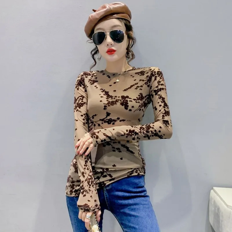 #7943 Khaki Green Skinny Perspective Mesh T Shirt Women Sexy Tshirt Femme Thin Long Sleeve Woman Oneck 241011