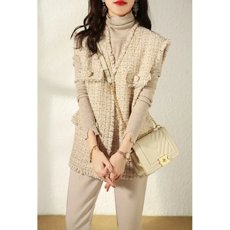 Tweed Wool Vest Spring Fashionable White Gold Silk Sequined Knitted for Women Autumn winter 241011
