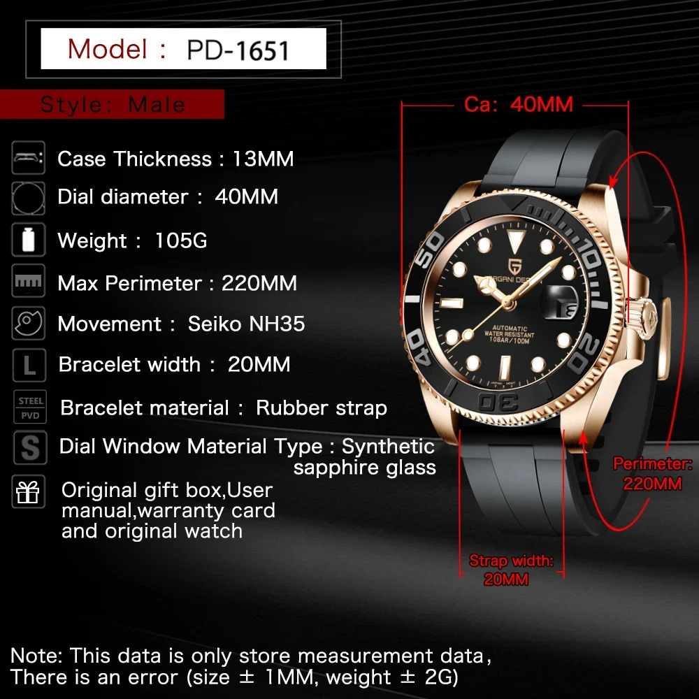 PAGANI 40MM Mens Business NH35 Automatic Mechanical Watch Sapphire Glass Waterproof Automatic Watch 100M 241009